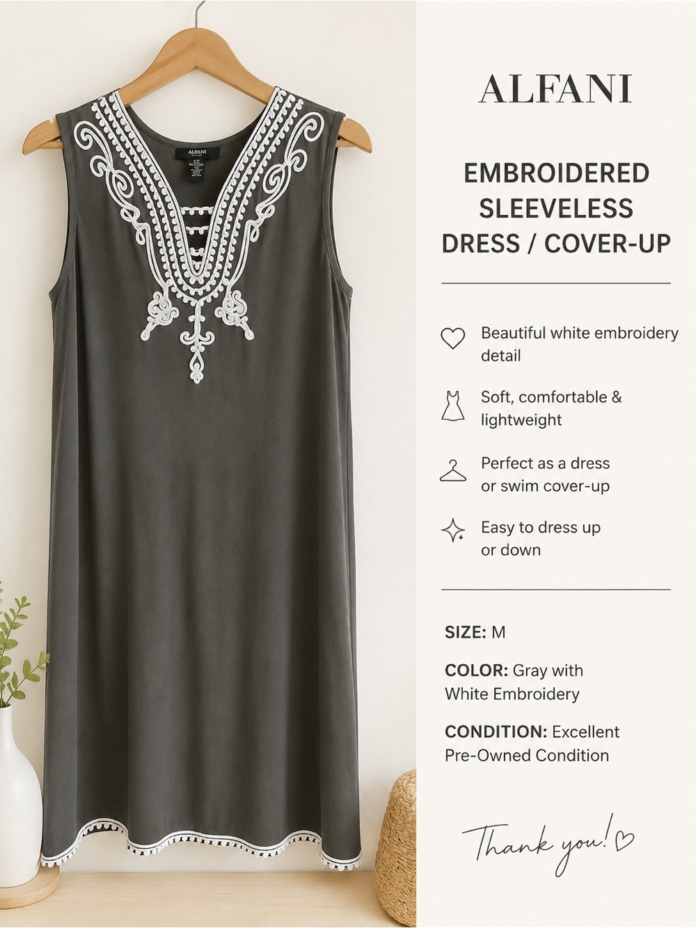 Alfani Gray Sleeveless Embroidered Cover-Up Dress with White Trim